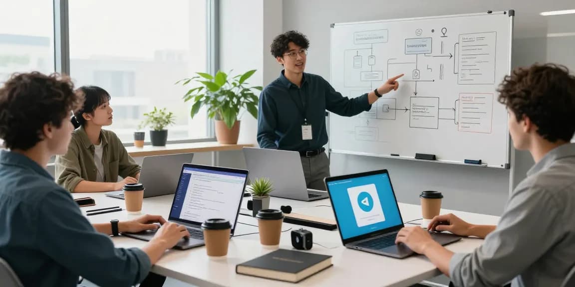 Collaborative team working on Telegram Download features in a vibrant tech workspace
