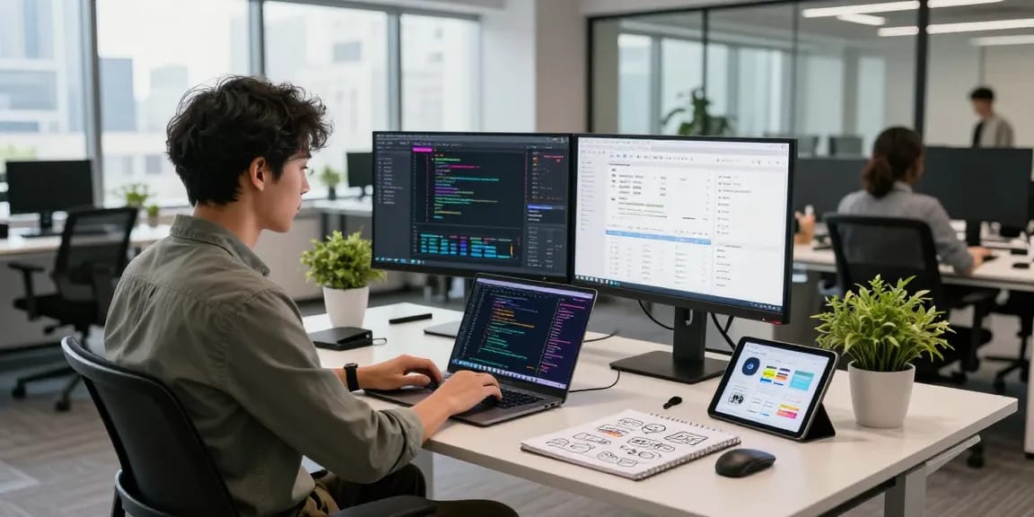 Dynamic software development workspace capturing WPS Official Website features with coding, modern tech, and city views.