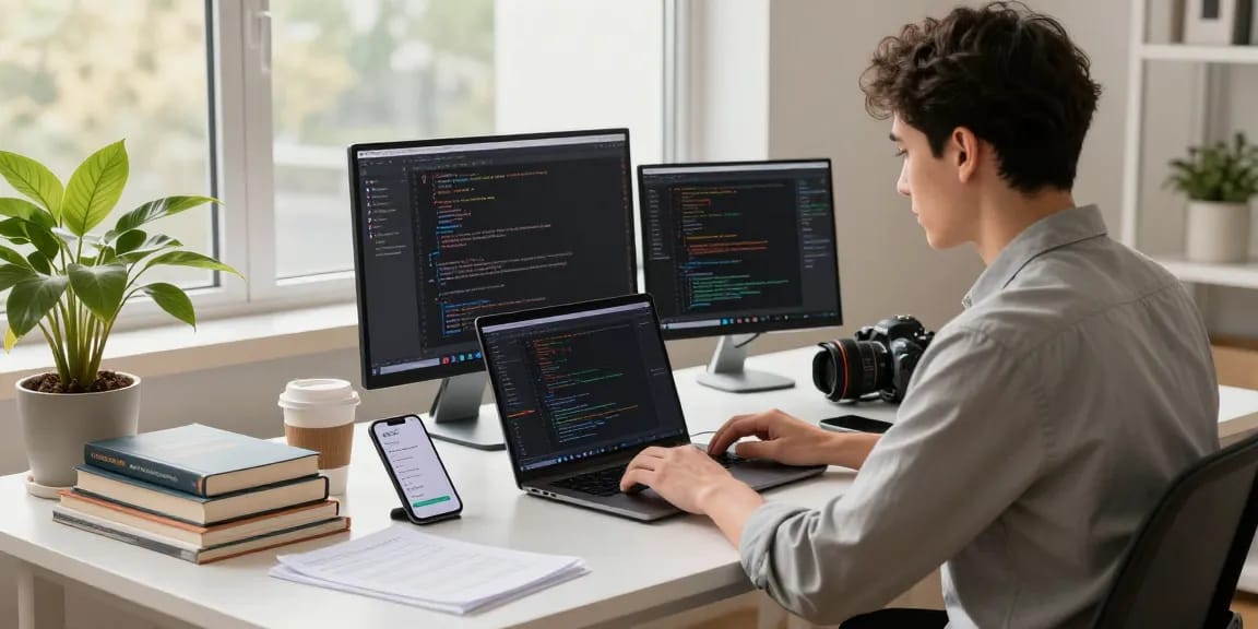 Download WPS Office in a modern home office setup with coding screens and a professional workspace.