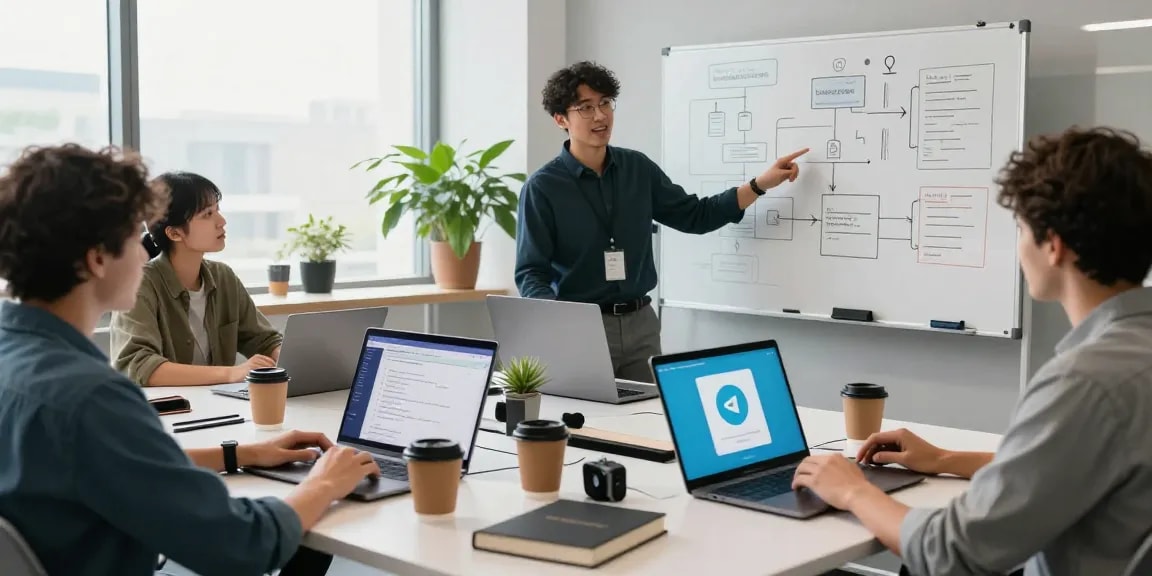 Collaborative team working on Telegram Download features in a vibrant tech workspace