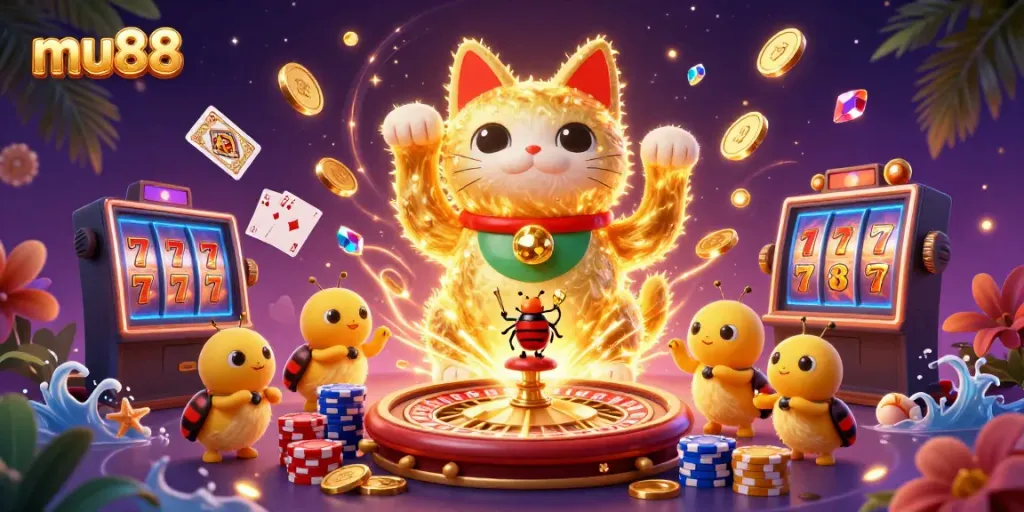 Experience the excitement at mu88 with a vibrant casino scene featuring a lucky cat and golden fireflies.