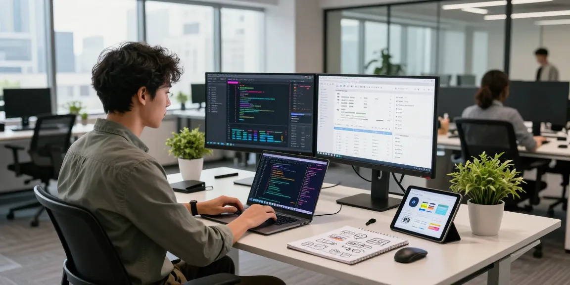 Dynamic software development workspace capturing WPS Official Website features with coding, modern tech, and city views.