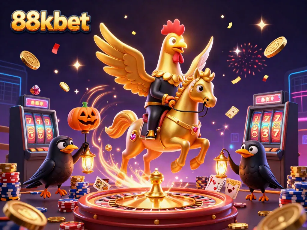 Experience the thrill of winning at 88kbet with a golden rooster riding a spectral horse amidst cascading coins.