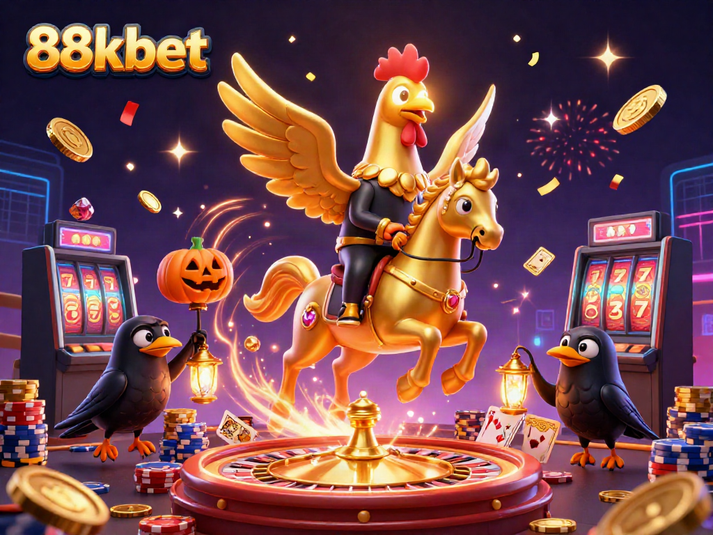 Experience the thrill of winning at 88kbet with a golden rooster riding a spectral horse amidst cascading coins.
