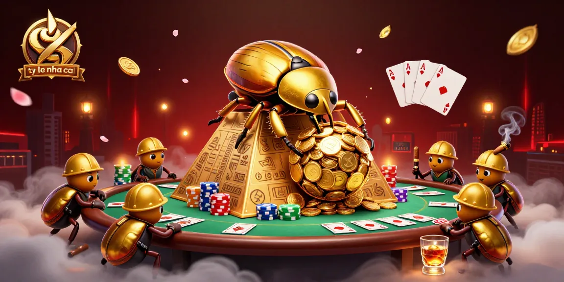 Engage with the thrill of ty le nha cai while golden beetles roll coins in a vibrant casino scene.