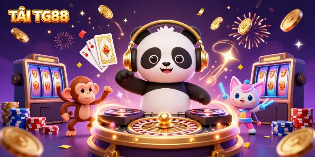 TẢI TG88 celebrates casino fun with a DJ panda, breakdancing monkey, and glowing kitten amidst gold coins.