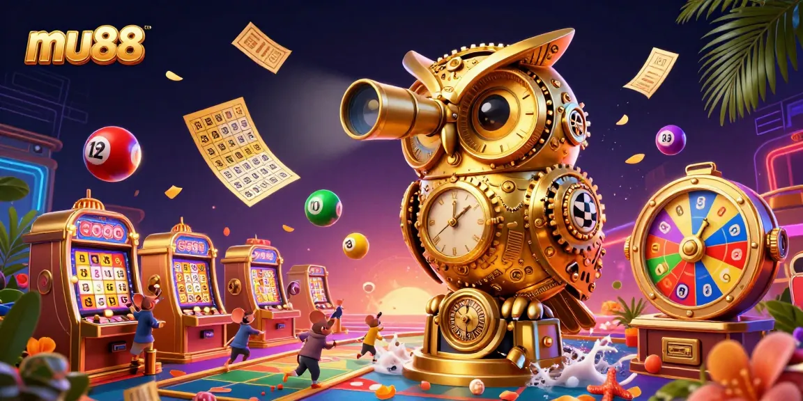 Experience thrilling wins at mu88 with a massive golden clockwork owl and vibrant casino elements.