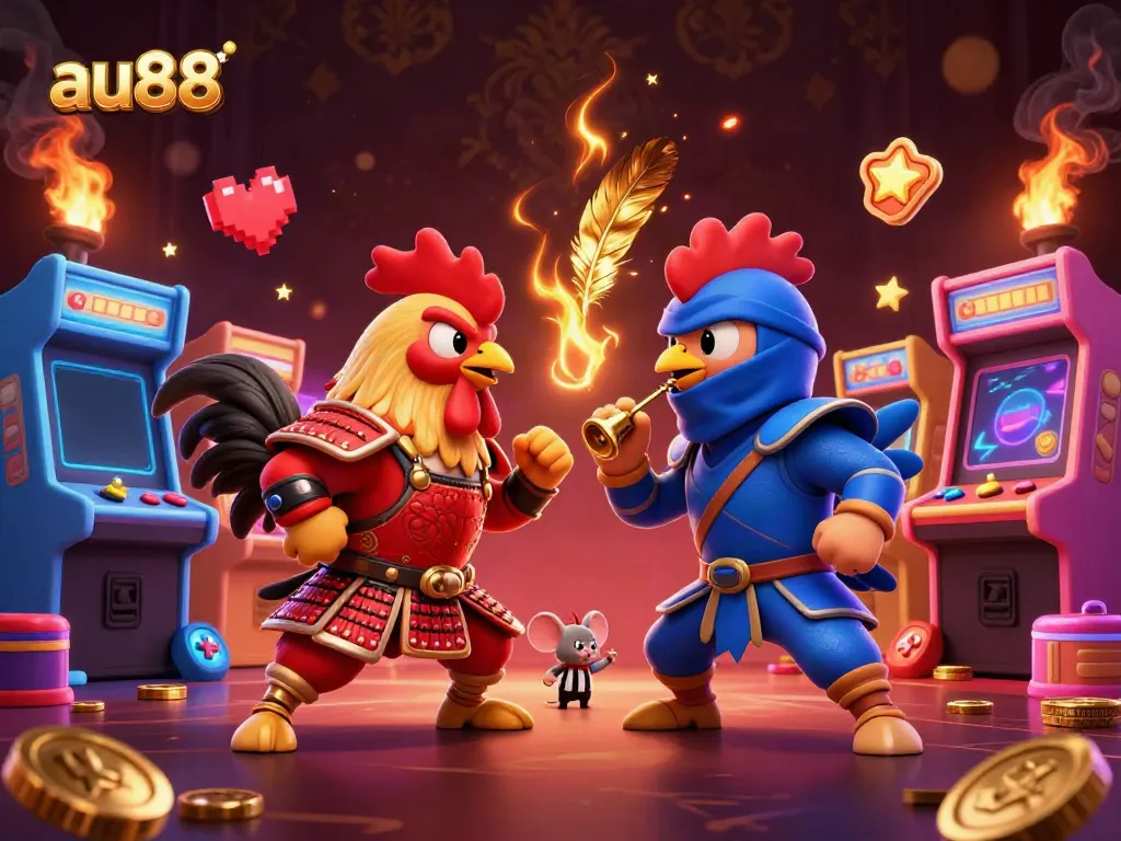 Engage in thrilling rooster battles at au88, as samurai and ninja clash with vibrant casino-themed graphics.