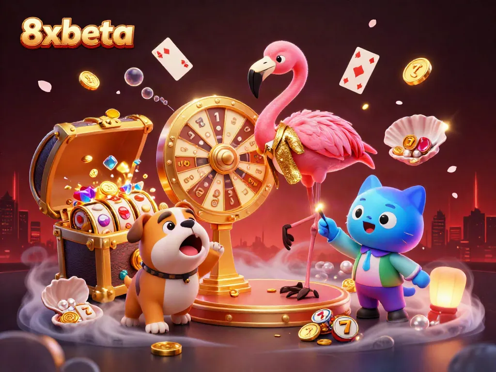 8xbeta immersive casino scene showcasing vibrant characters and dynamic gaming elements.