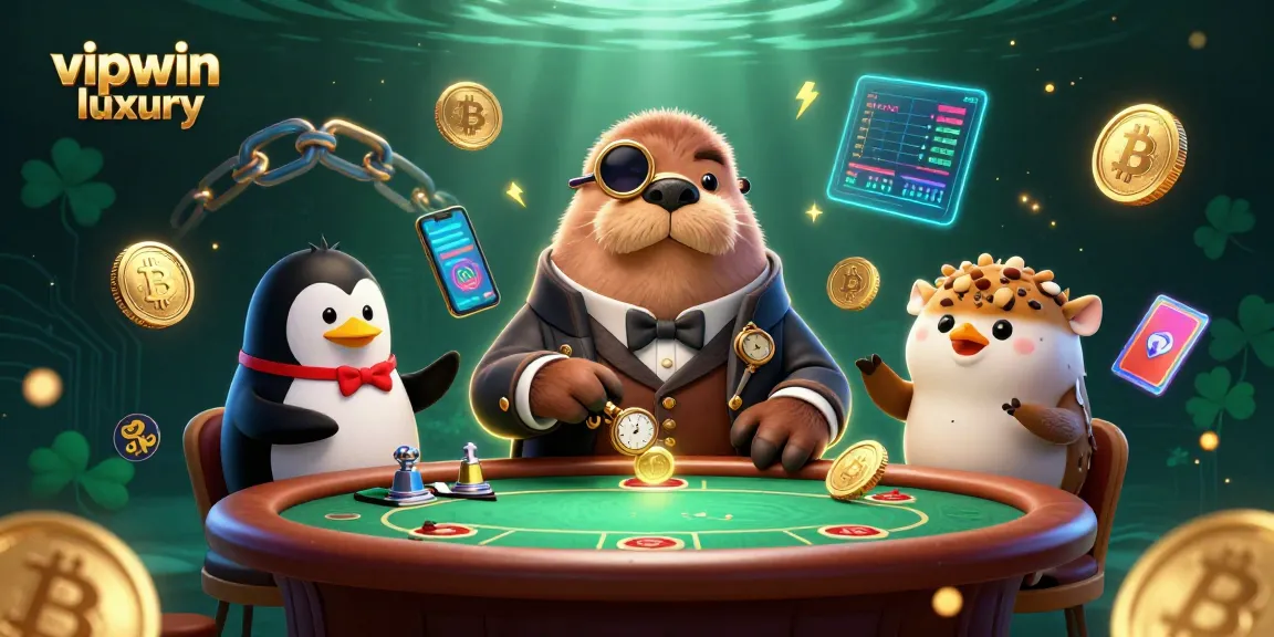Engage with vipwin luxury in a vibrant underwater poker scene featuring whimsical characters and glowing crypto elements.