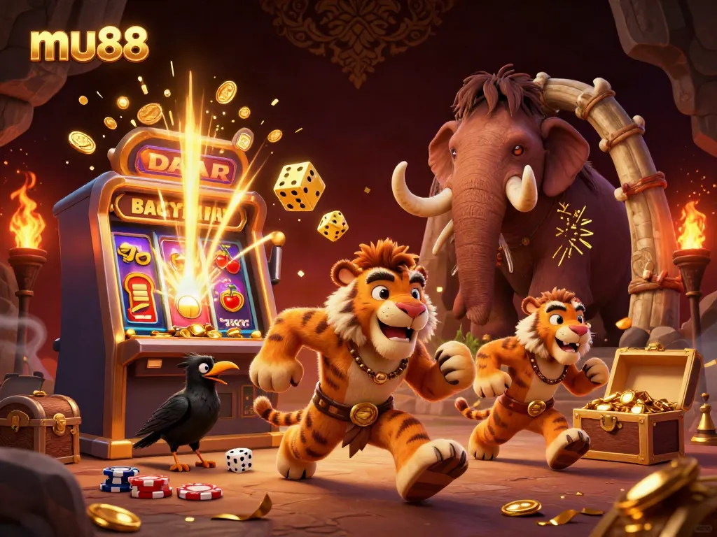 Win big at mu88 with cartoon cavemen and a sabertooth tiger in a prehistoric casino illustration.