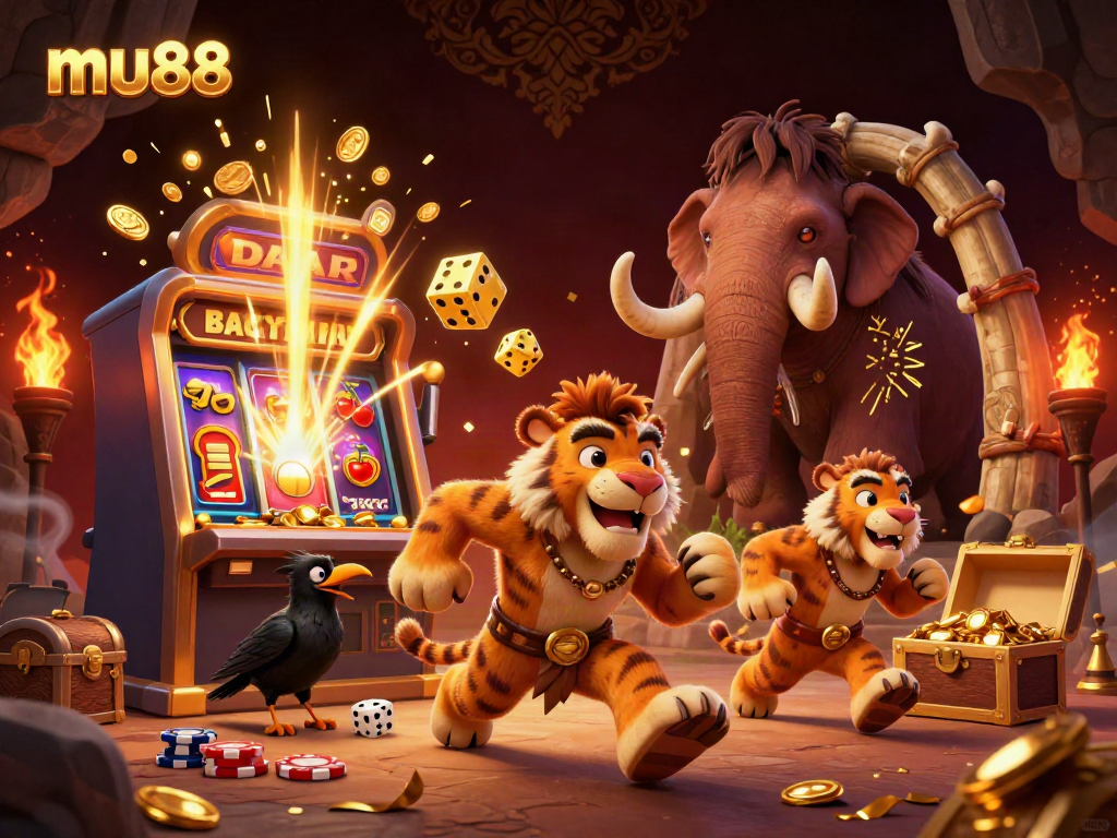 Win big at mu88 with cartoon cavemen and a sabertooth tiger in a prehistoric casino illustration.