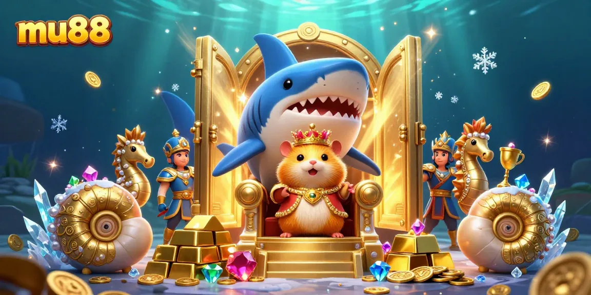 Experience the excitement of mu88 with a golden hamster king on a megalodon throne amidst a treasure-filled underwater realm.