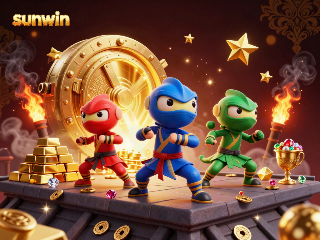 Experience the thrill of sunwin as a ninja chameleon team synchronizes their moves while surrounded by treasure.