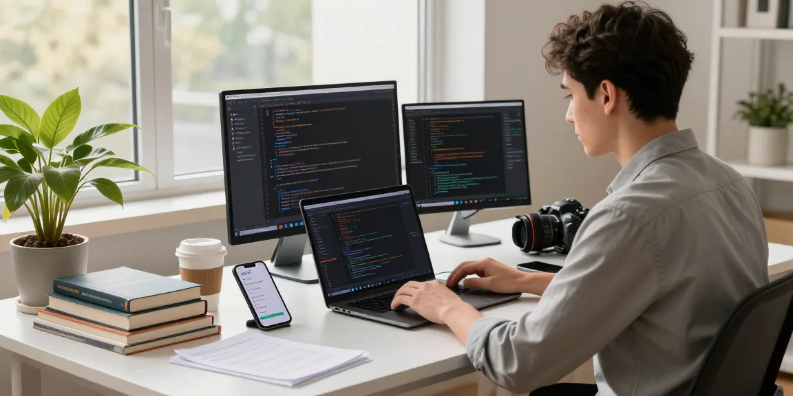 Download WPS Office in a modern home office setup with coding screens and a professional workspace.