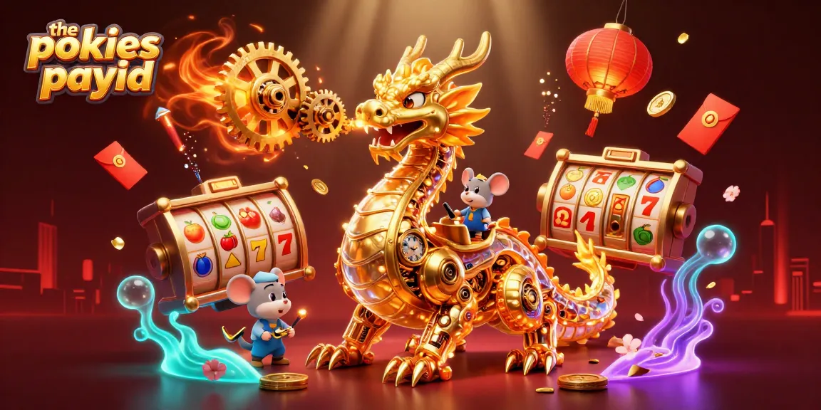 The pokies payid showcases an energetic 3D scene with a golden dragon, slot reels, and festive elements.